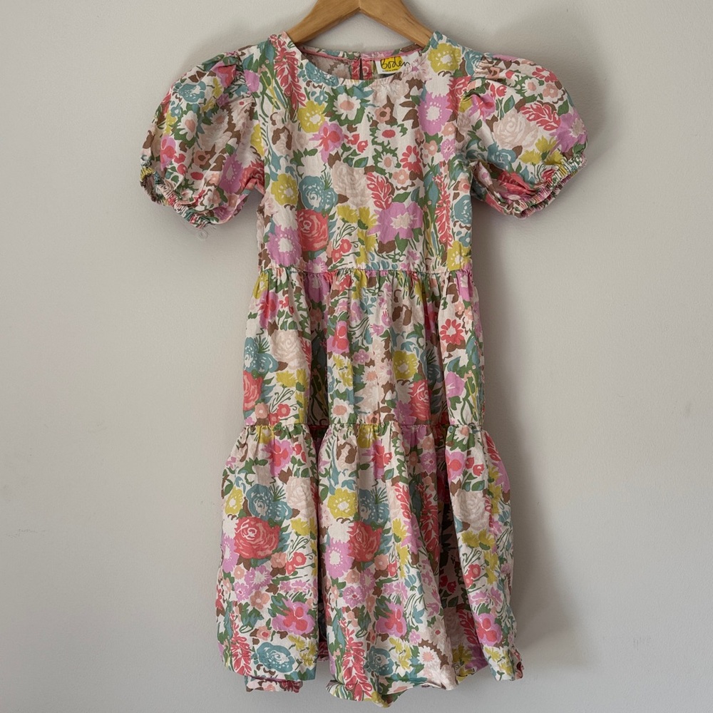 Boden Floral Puff-Sleeve Tiered Dress - Pink, Green & Yellow